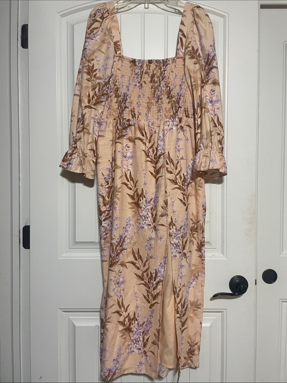 House of Harlow 1960 Peach Floral Smocked Midi Dress with Lavender & Brown Print